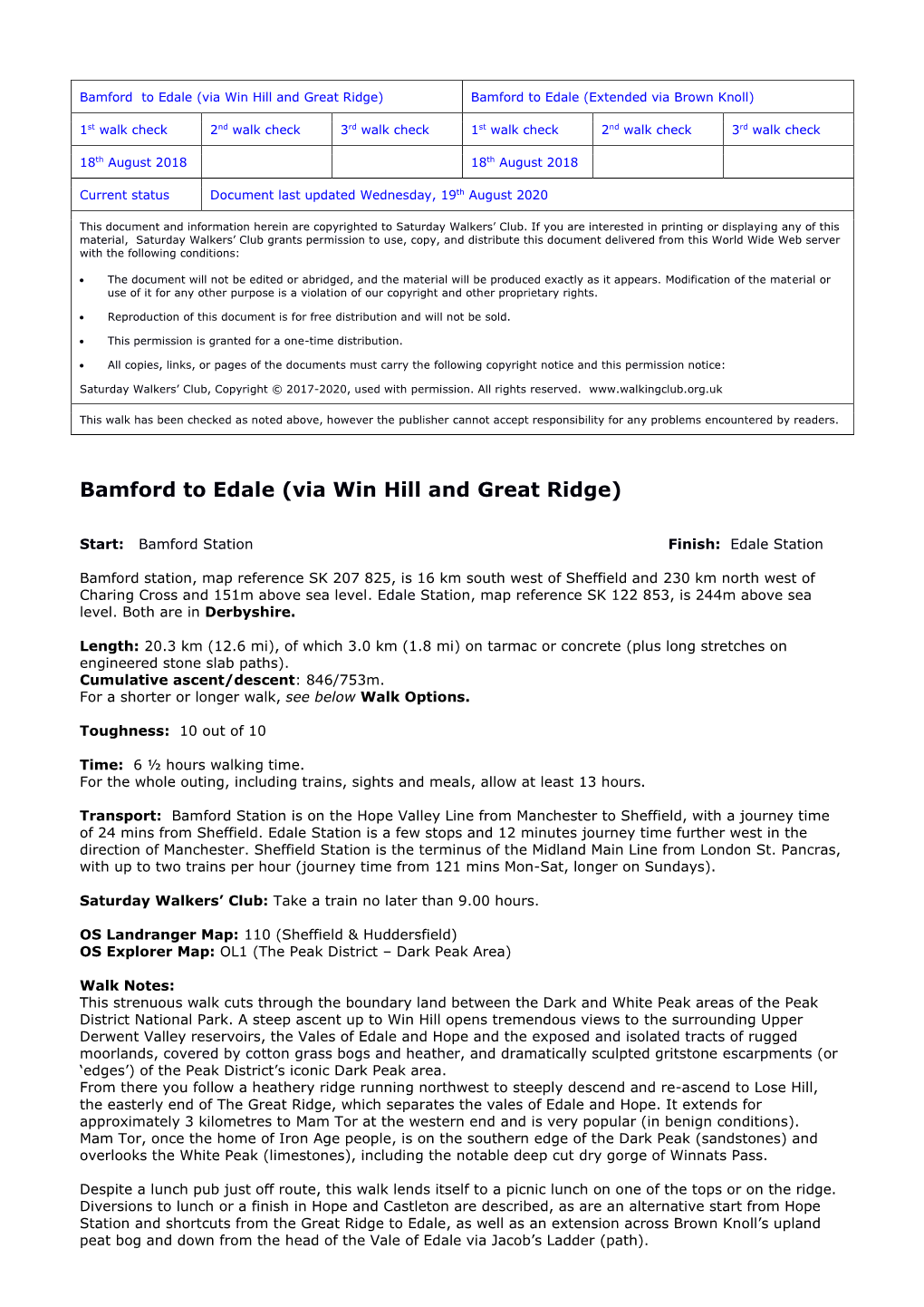 Bamford to Edale (Via Win Hill and Great Ridge) Bamford to Edale (Extended Via Brown Knoll)