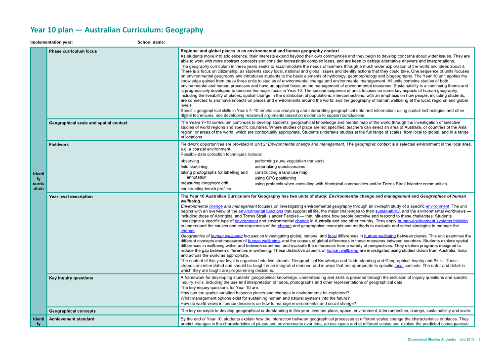 Year 10 Plan — Australian Curriculum: Geography