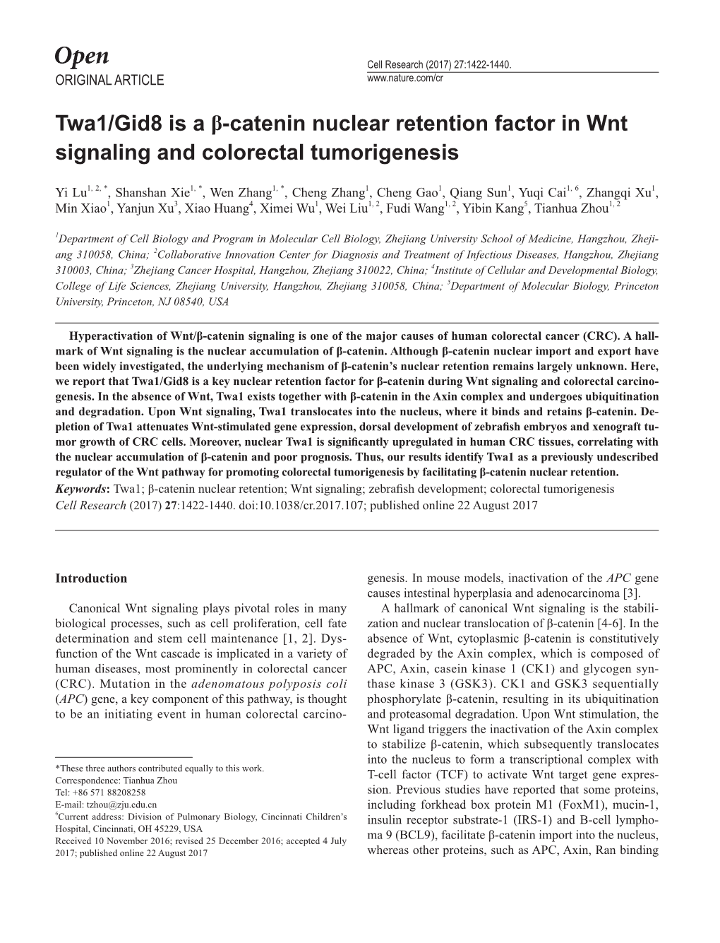 Twa1/Gid8 Is a Β-Catenin Nuclear Retention Factor in Wnt Signaling and Colorectal Tumorigenesis