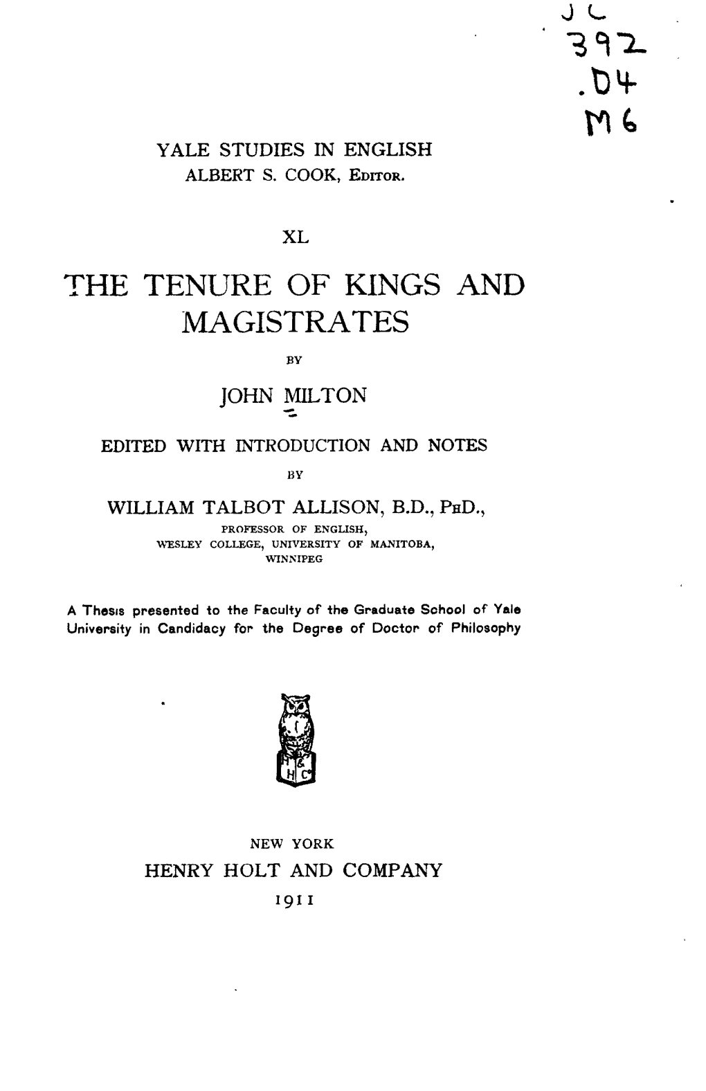 The Tenure of Kings and Magistrates John Ton