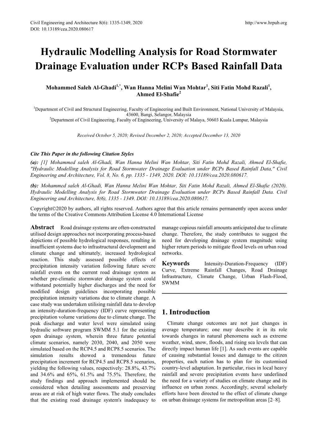 Hydraulic Modelling Analysis for Road Stormwater Drainage Evaluation Under Rcps Based Rainfall Data