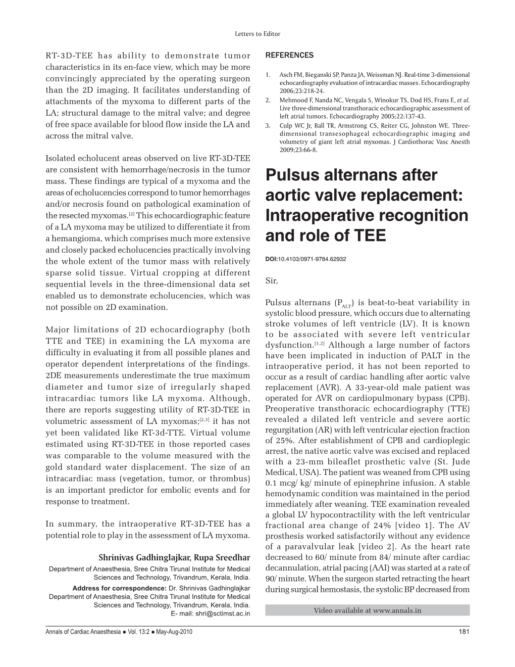 Pulsus Alternans After Aortic Valve Replacement
