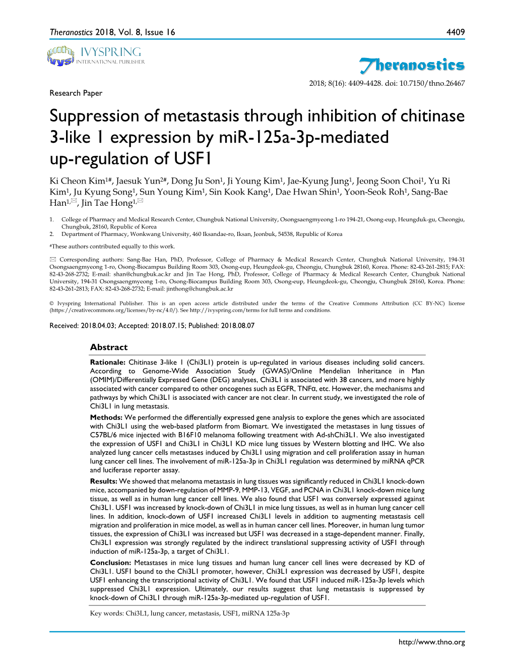Suppression of Metastasis Through Inhibition of Chitinase 3-Like 1