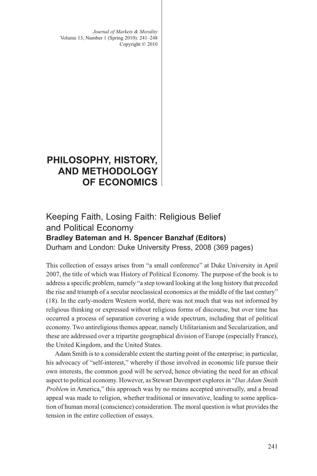 Philosophy, History, and Methodology of Economics