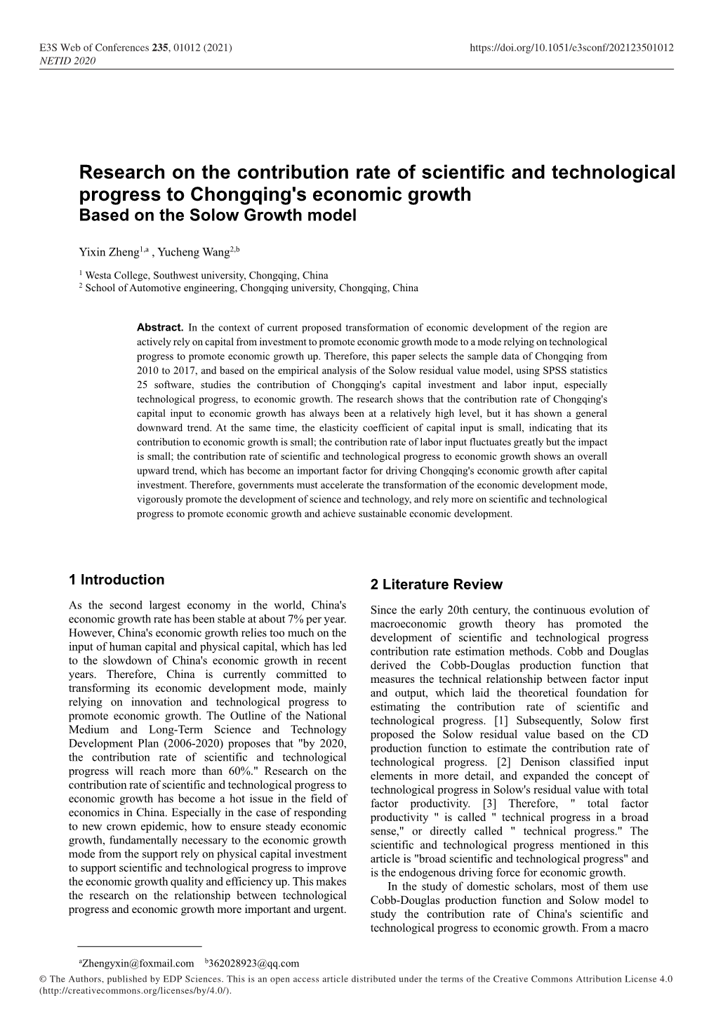 Research on the Contribution Rate of Scientific and Technological Progress to Chongqing's Economic Growth Based on the Solow Growth Model