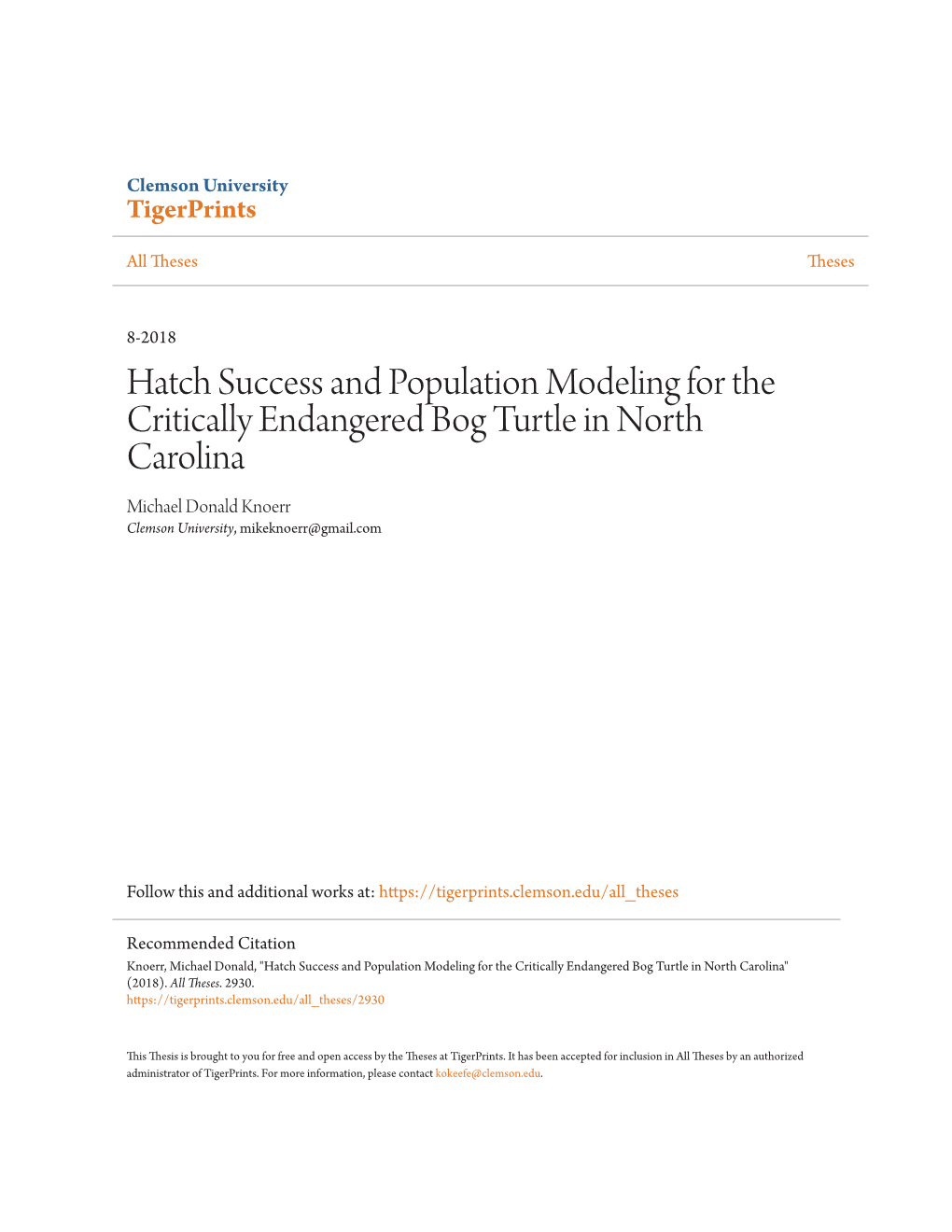 Knoerr 2018 Hatch Sucess and Pop Modeling for the Bog Turtle in NC.Pdf