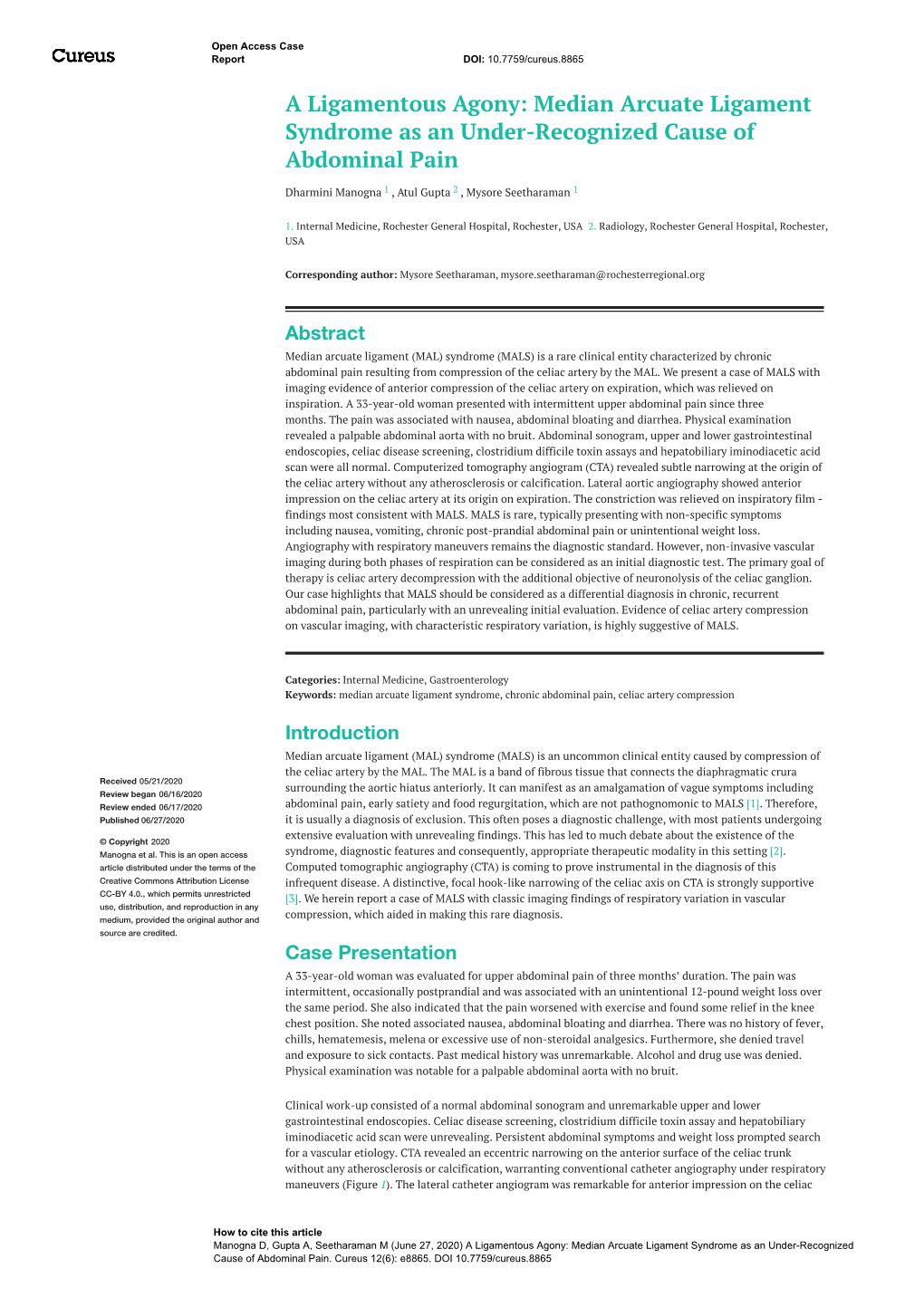 A Ligamentous Agony: Median Arcuate Ligament Syndrome As an Under-Recognized Cause of Abdominal Pain