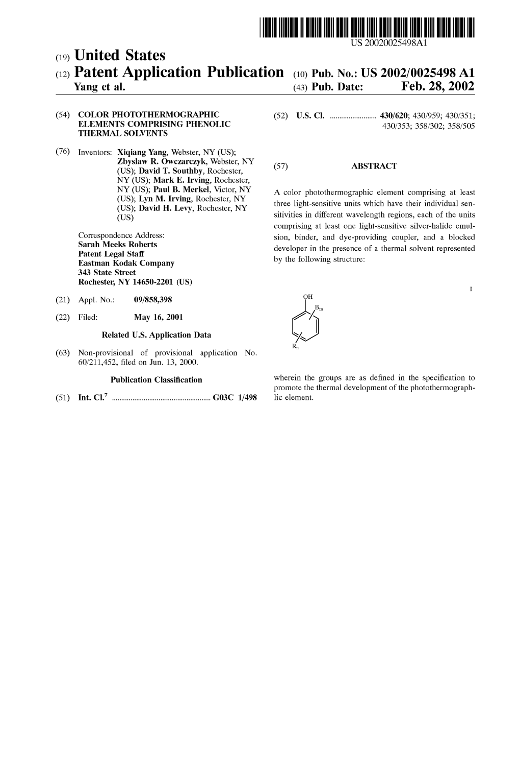 (12) Patent Application Publication (10) Pub. No.: US 2002/0025498A1 Yang Et Al