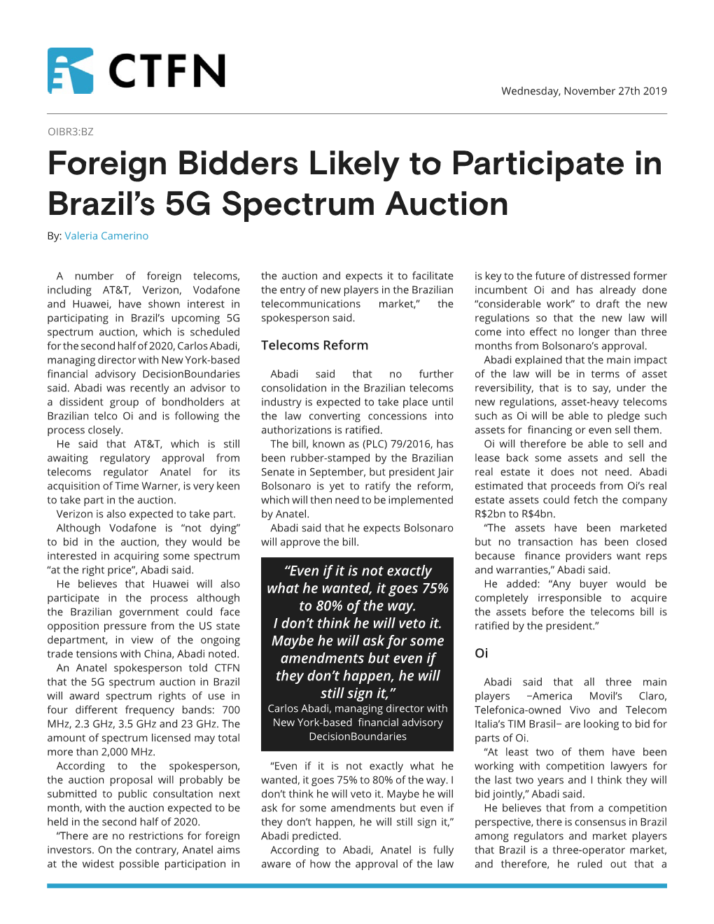 Foreign Bidders Likely to Participate in Brazil's 5G Spectrum Auction
