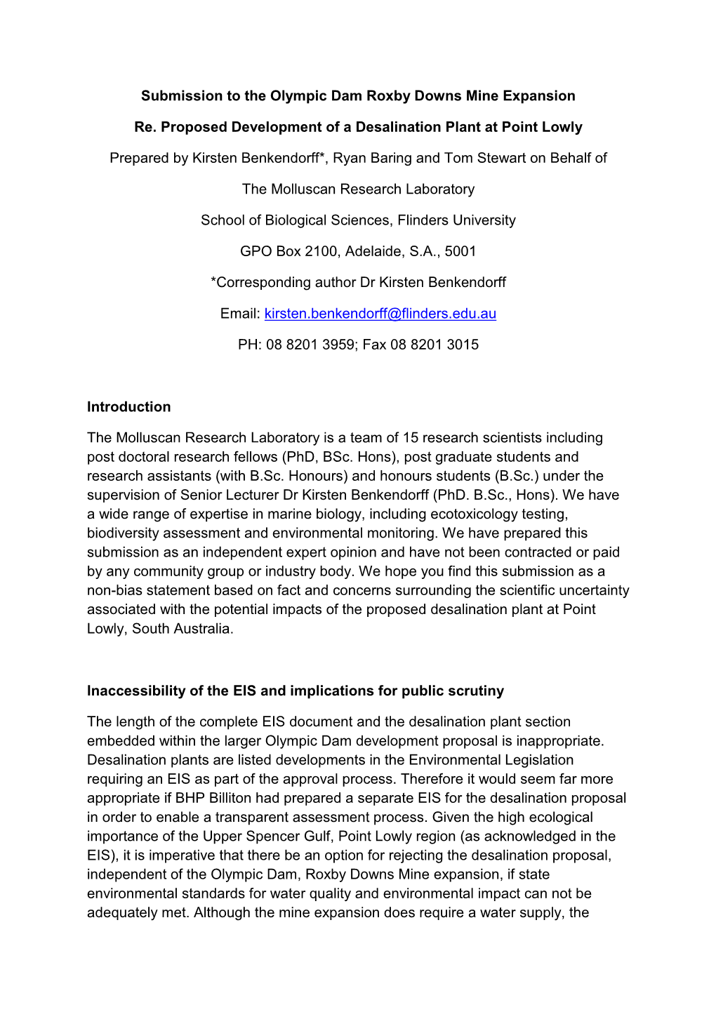 Submission to the Olympic Dam Roxby Downs Mine Expansion Re. Proposed Development of a Desalination Plant at Point Lowly Prepare