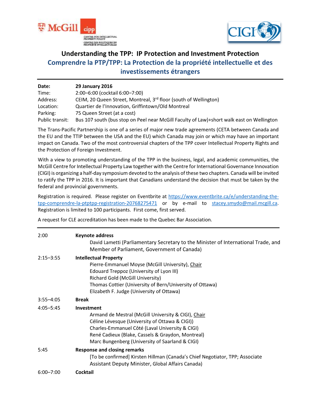 Understanding the TPP: IP Protection and Investment Protection Comprendre La PTP/TPP: La Protection De La Propriété Intellectuelle Et Des Investissements Étrangers