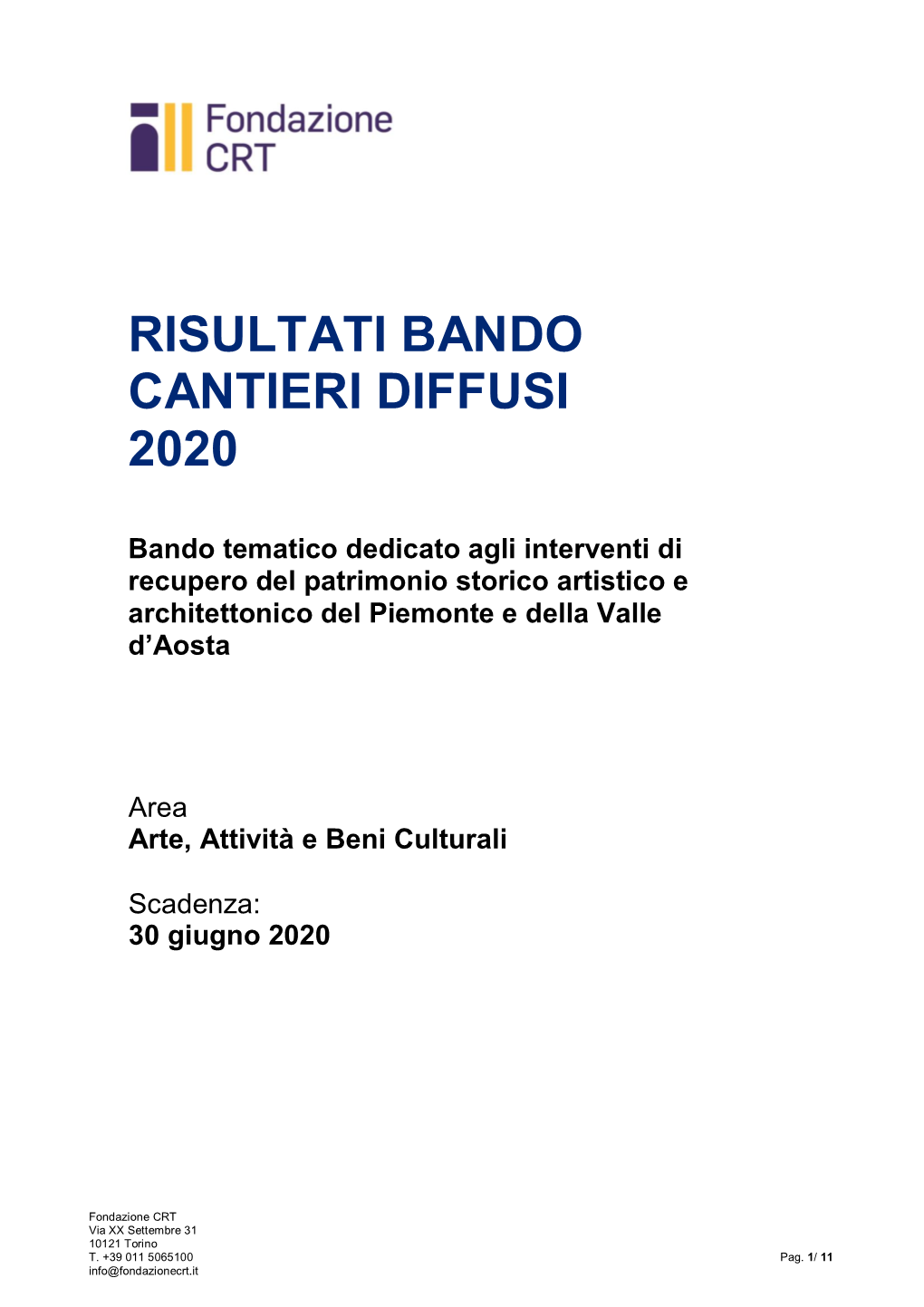 Risultati Bando Cantieri Diffusi 2020