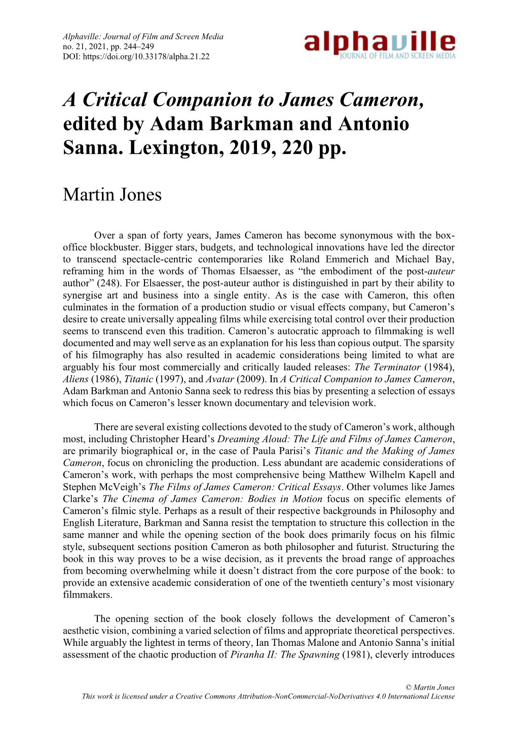 A Critical Companion to James Cameron, Edited by Adam Barkman and Antonio Sanna