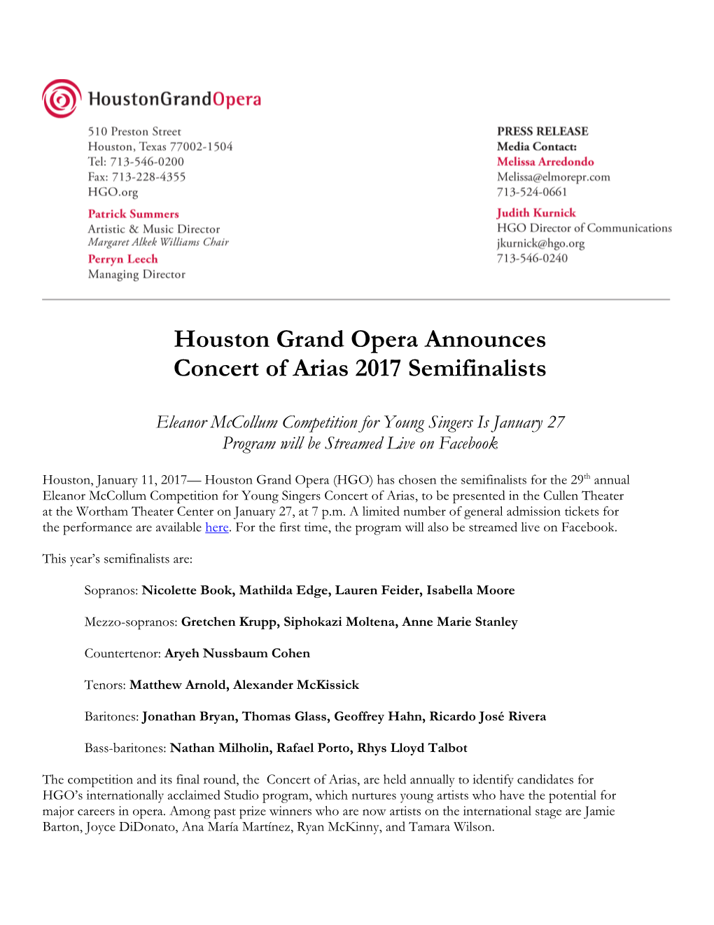 Houston Grand Opera Announces Concert of Arias 2017 Semifinalists