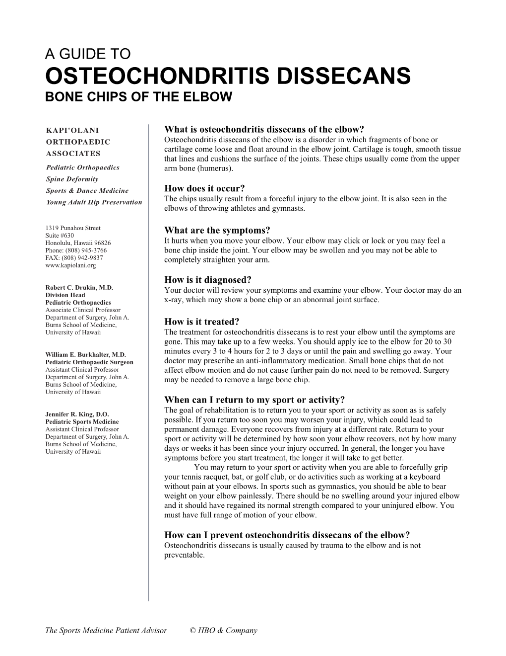 Osteochondritis Dissecans (Bone Chips) of the Elbow