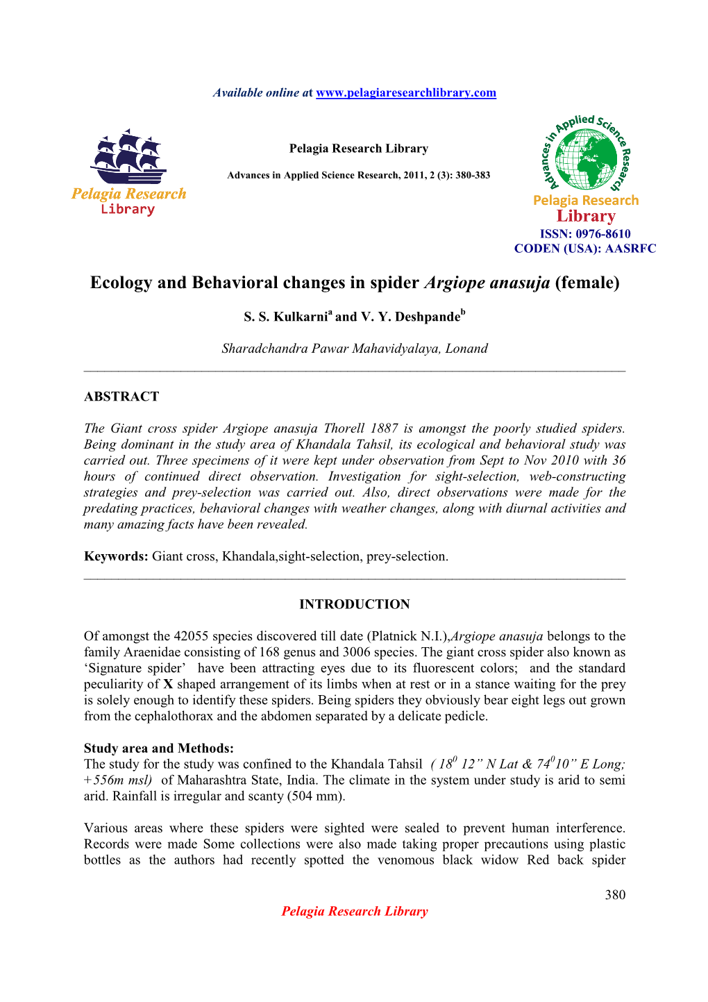 Ecology and Behavioral Changes in Spider Argiope Anasuja (Female)