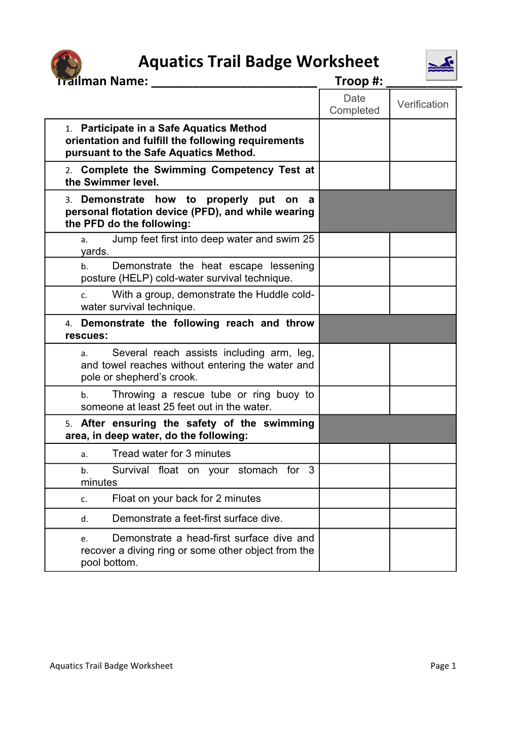 Aquatics Trail Badge Worksheet