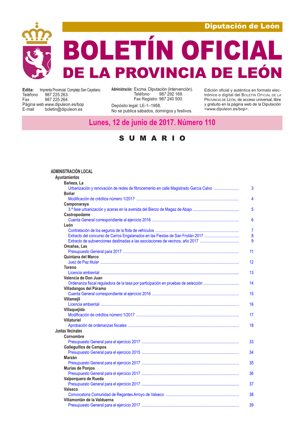 BOLETÍN OFICIAL DE LA PROVINCIA DE LEÓN Edita: Imprenta Provincial