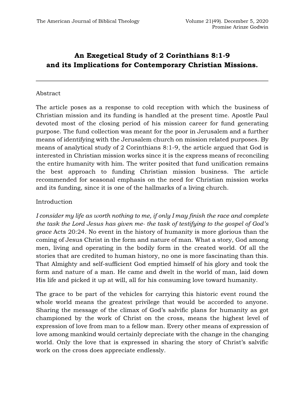 An Exegetical Study of 2 Corinthians 8:1-9 and Its Implications for Contemporary Christian Missions