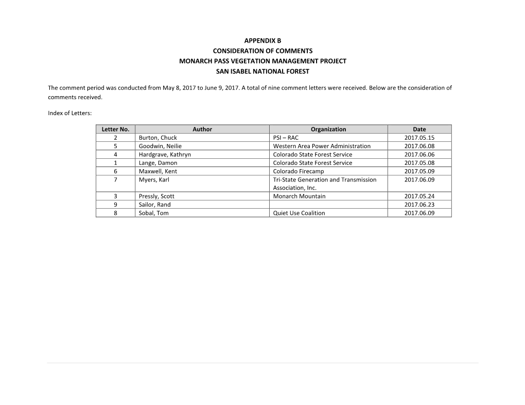 Appendix B Consideration of Comments Monarch Pass Vegetation Management Project San Isabel National Forest