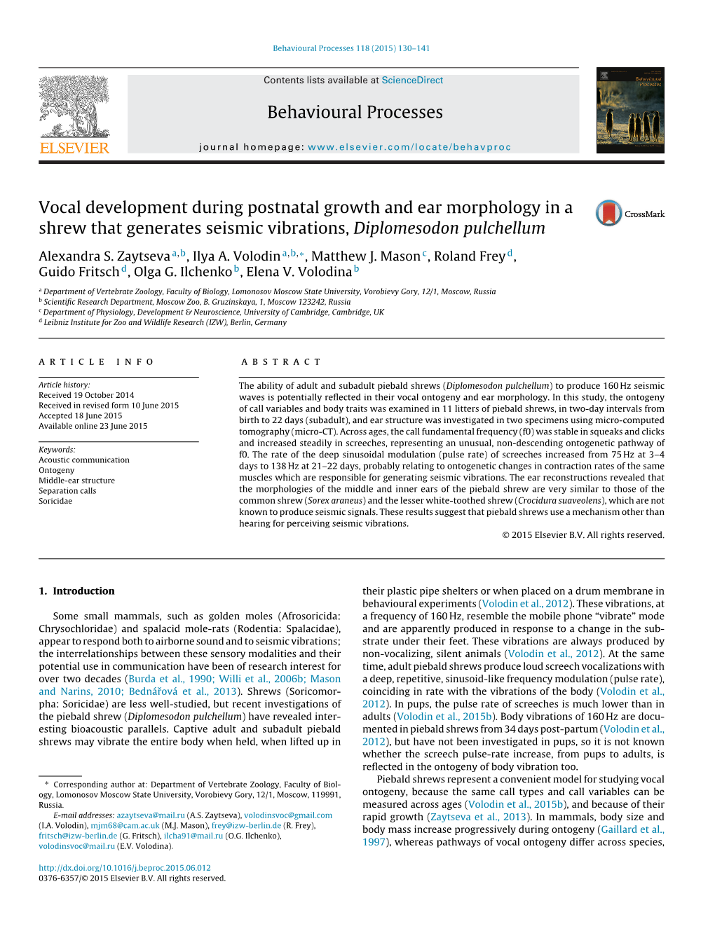 Vocal Development During Postnatal Growth and Ear Morphology in a Shrew That Generates Seismic Vibrations, Diplomesodon Pulchell