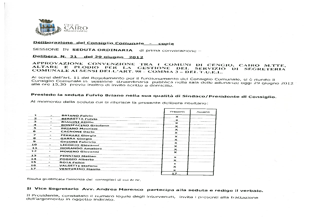 Deliberazione Del Consiglio Comunale Nr 21 Del 29 Giugno 2012