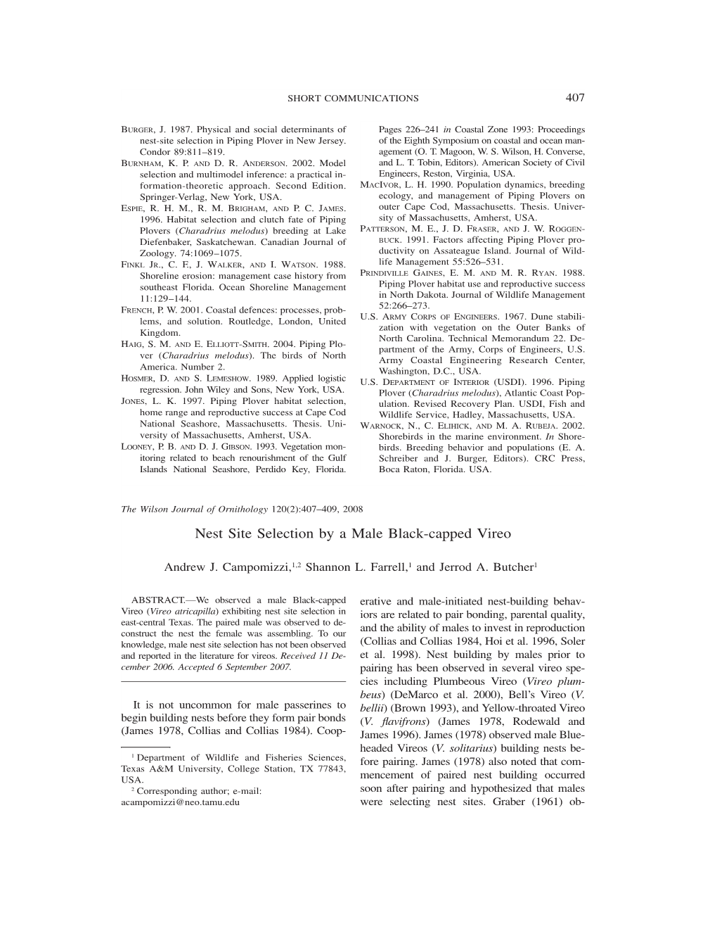 Nest Site Selection by a Male Black-Capped Vireo