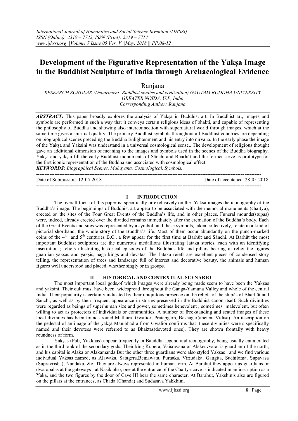 Development of the Figurative Representation of the Yakṣa Image in the Buddhist Sculpture of India Through Archaeological Evidence