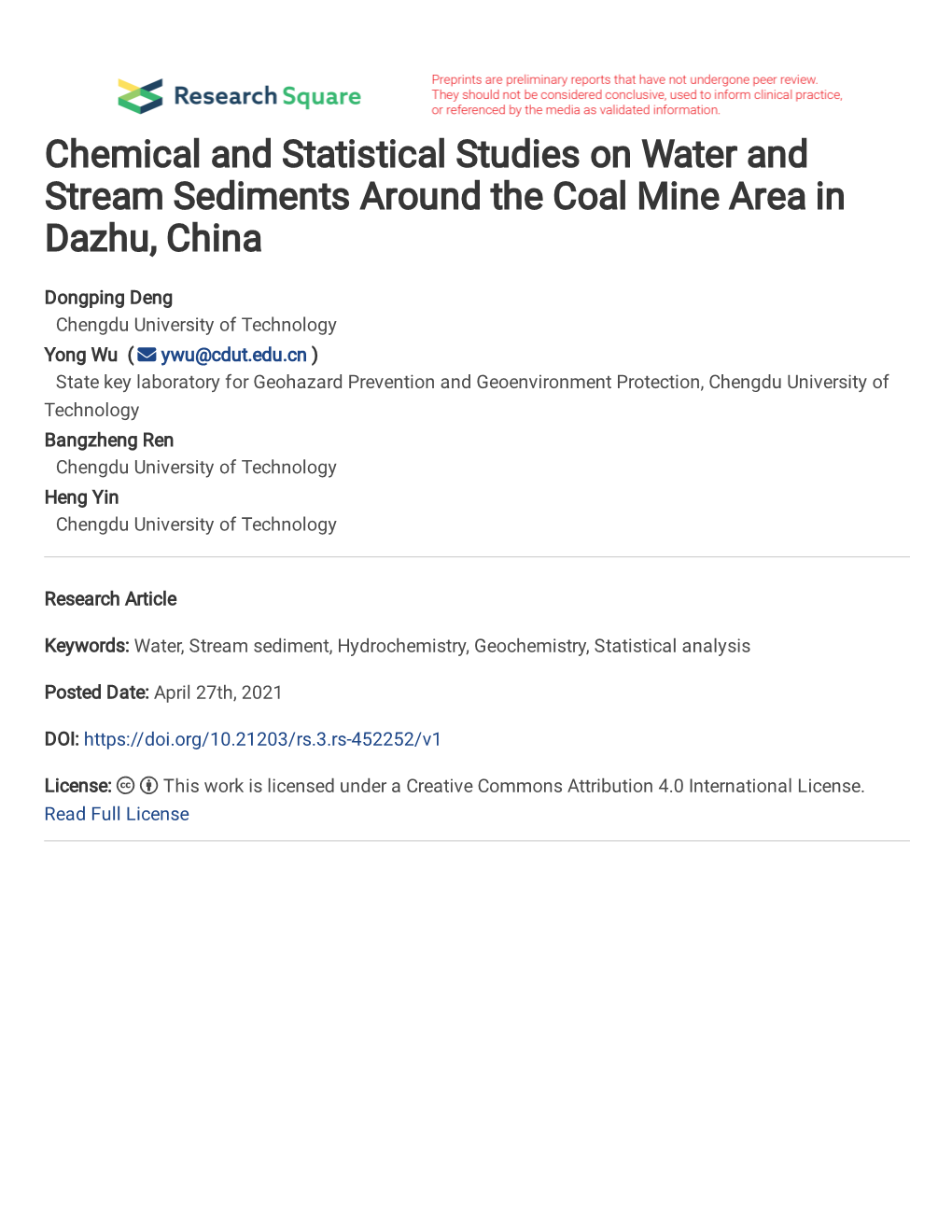 Chemical and Statistical Studies on Water and Stream Sediments Around the Coal Mine Area in Dazhu, China
