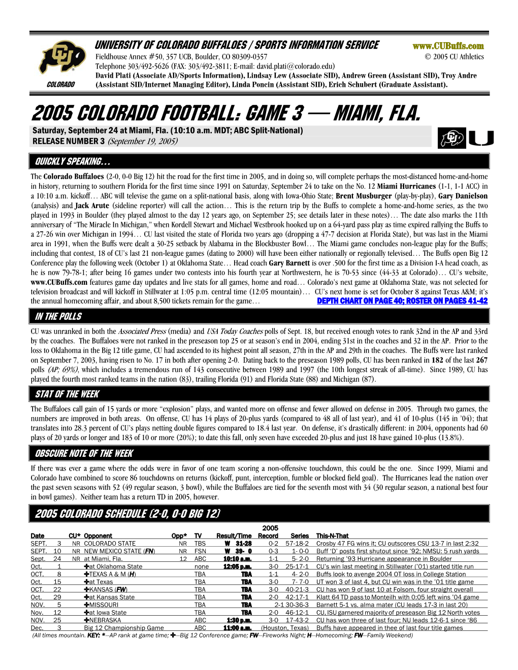 2005 COLORADO Football: GAME 3 — MIAMI, FLA
