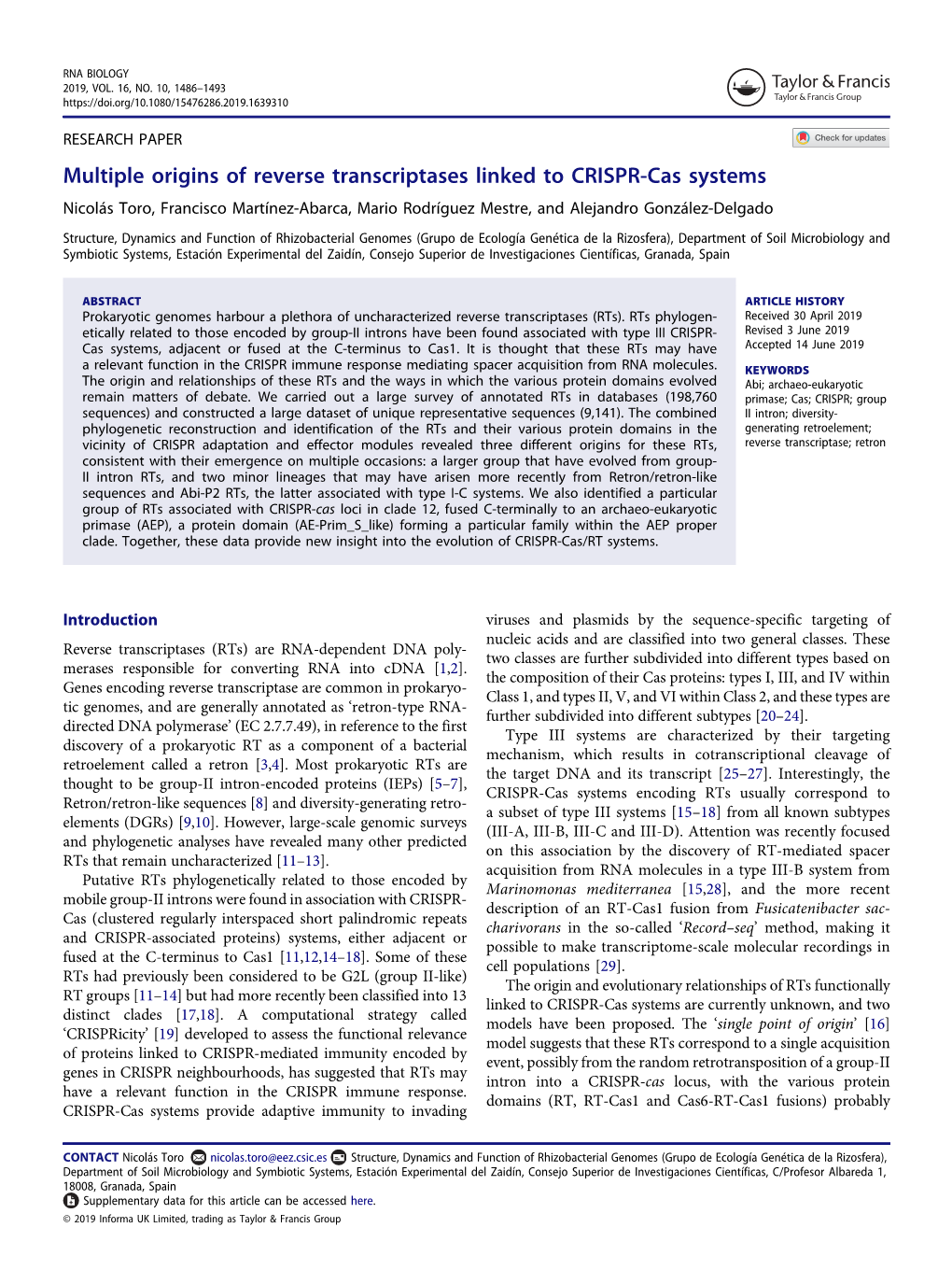 Multiple Origins of Reverse Transcriptases Linked to CRISPR