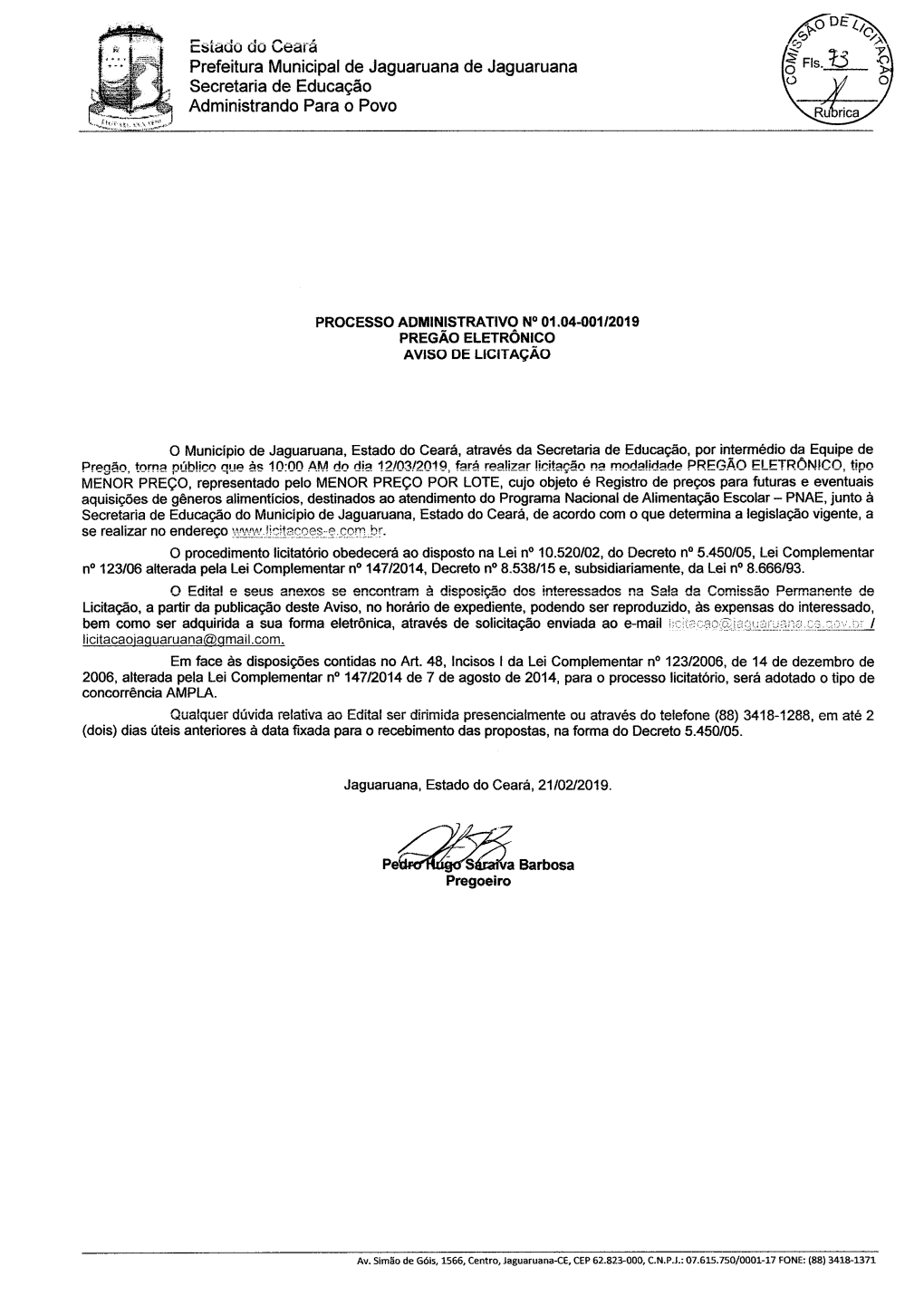Estado Do Ceará Prefeitura Municipal De Jaguaruana De Jaguaruana Secretaria De Educação Administrando Para O Povo
