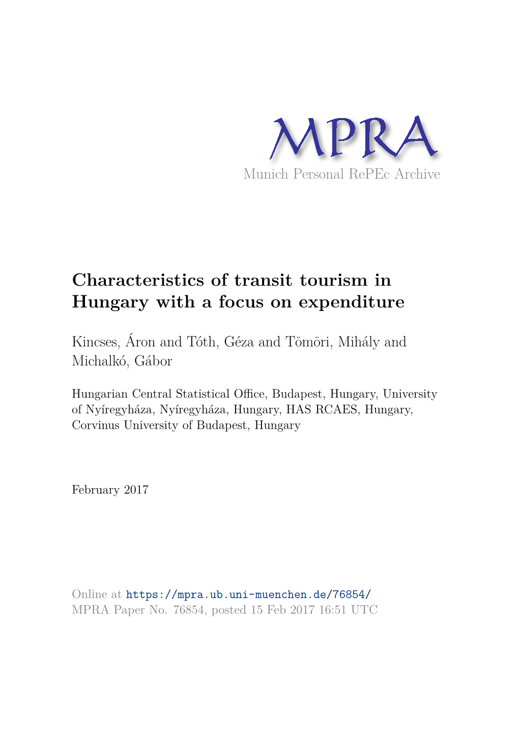 Characteristics of Transit Tourism in Hungary with a Focus on Expenditure