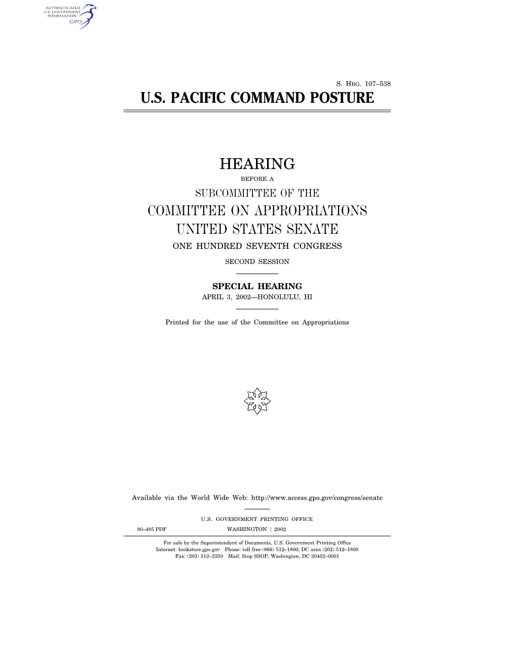 U.S. Pacific Command Posture Hearing Committee On
