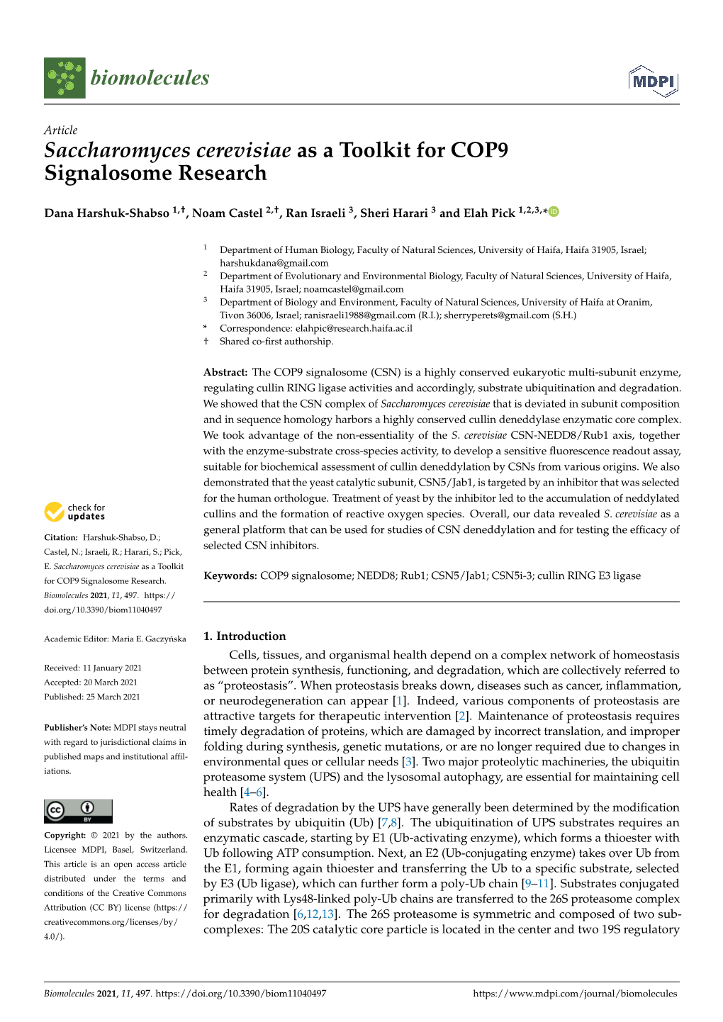 Saccharomyces Cerevisiae As a Toolkit for COP9 Signalosome Research