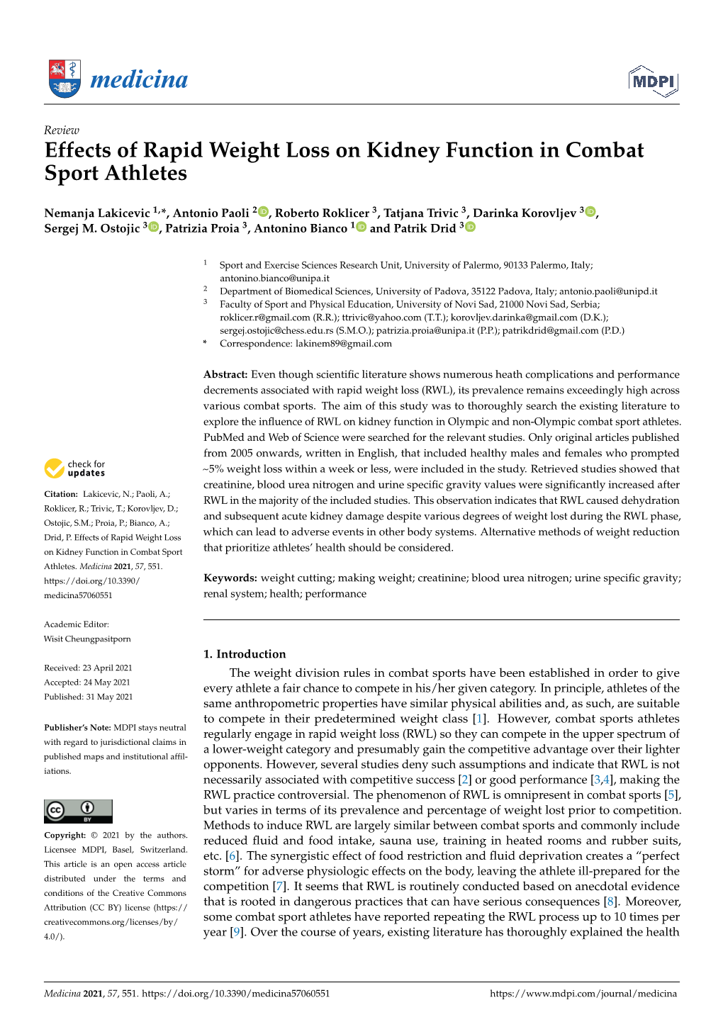 Effects of Rapid Weight Loss on Kidney Function in Combat Sport Athletes