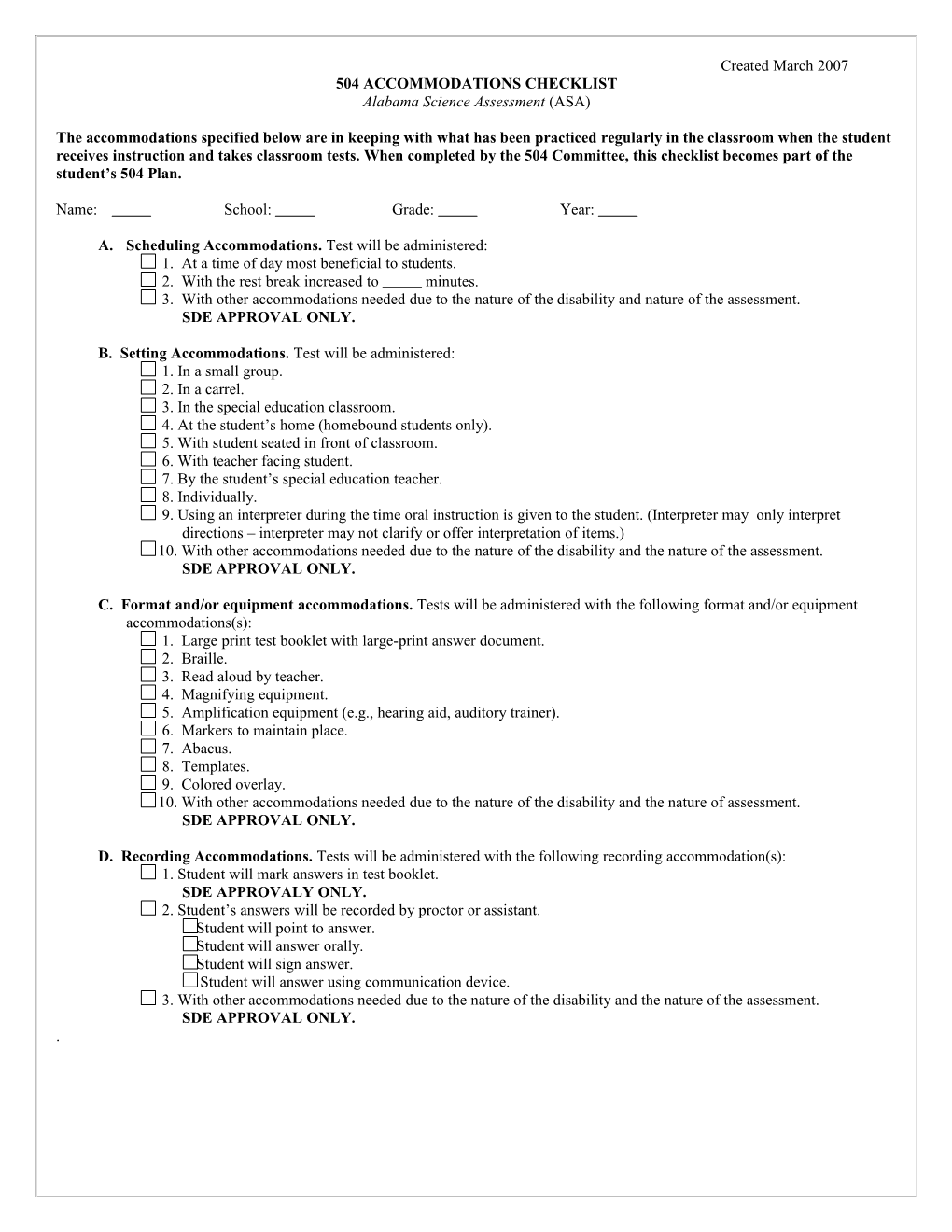 504 Accommodations Checklist