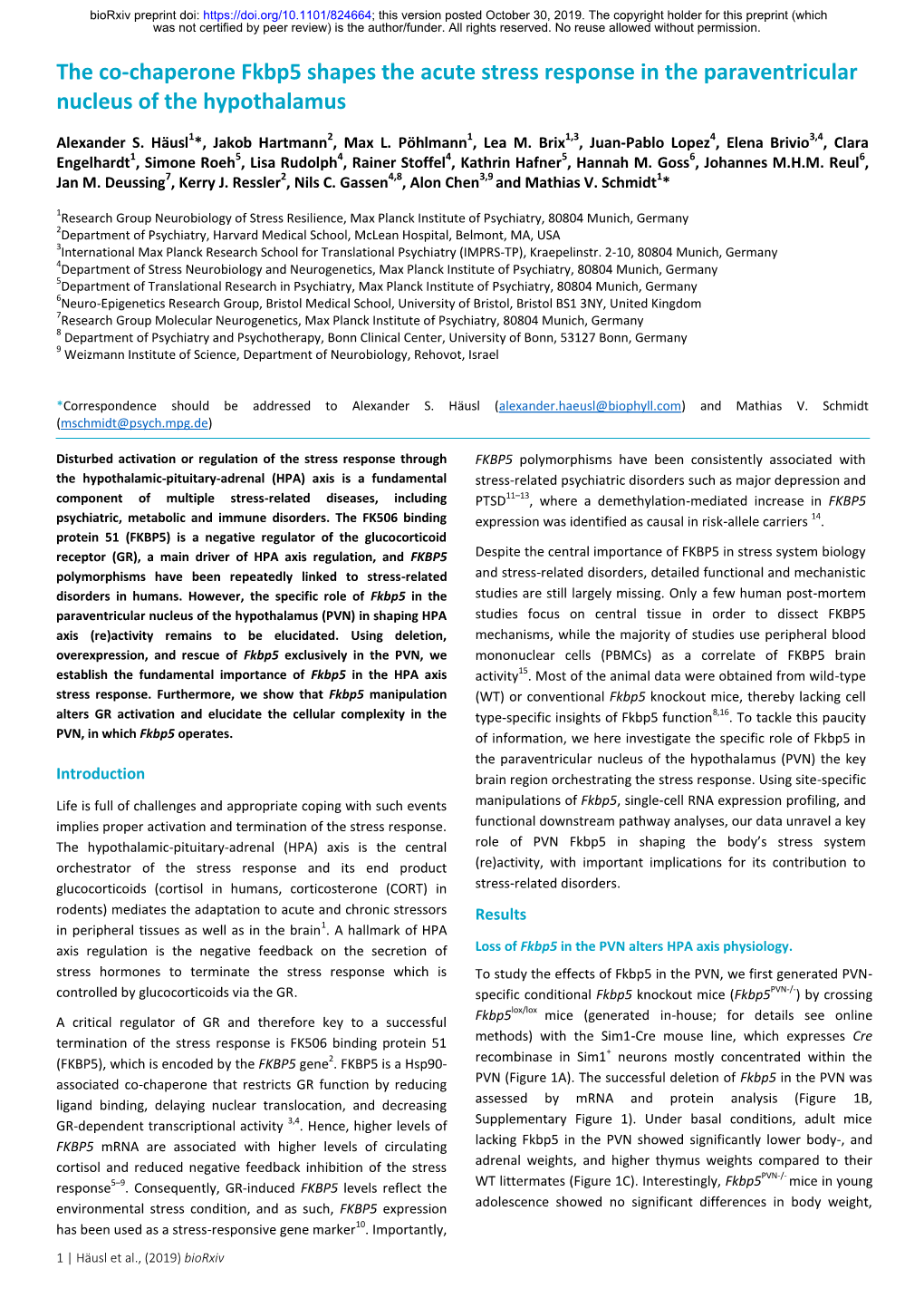 The Co-Chaperone Fkbp5 Shapes the Acute Stress Response in the Paraventricular Nucleus of the Hypothalamus