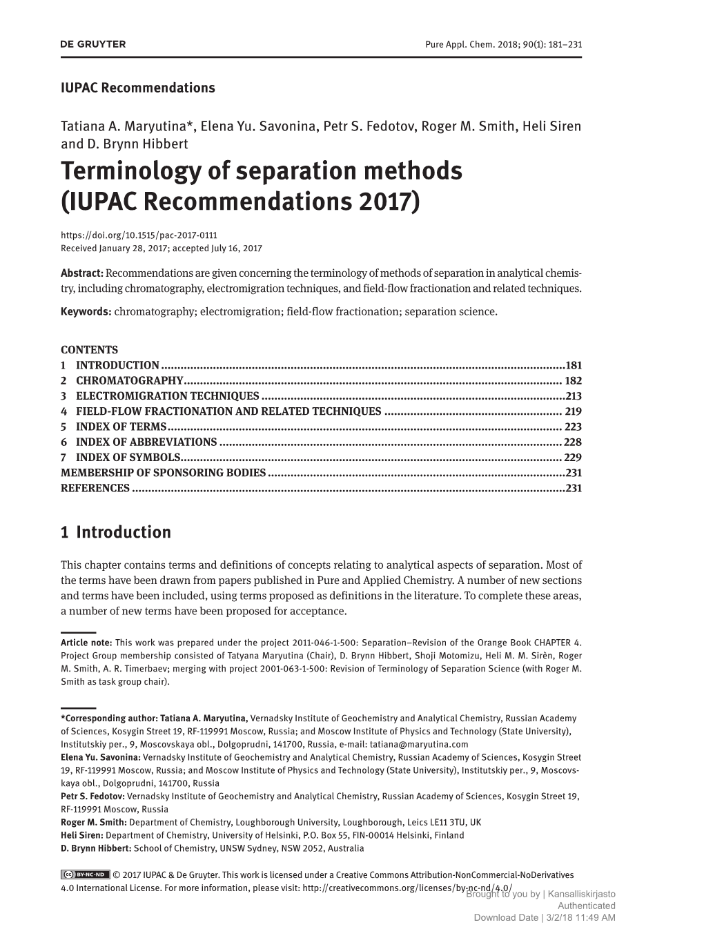 Terminology of Separation Methods (IUPAC Recommendations 2017) Received January 28, 2017; Accepted July 16, 2017