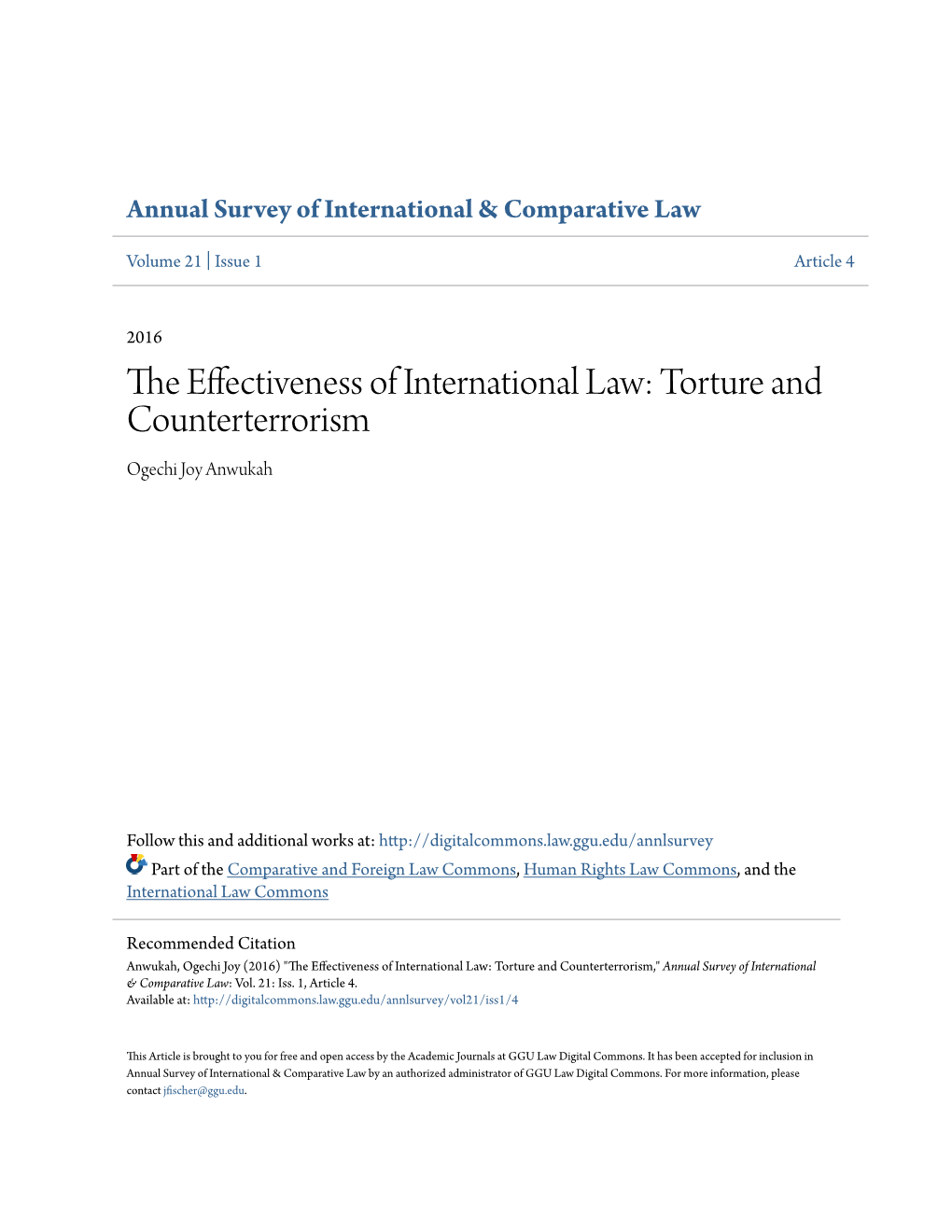 The Effectiveness of International Law: Torture and Counterterrorism," Annual Survey of International & Comparative Law: Vol