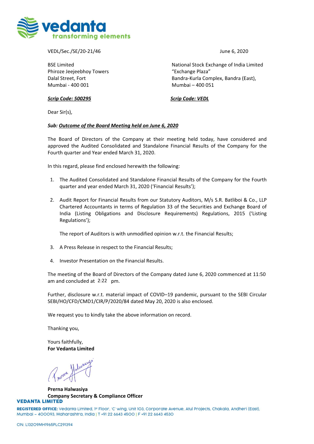 VEDL/Sec./SE/20-21/46 June 6, 2020 BSE Limited National Stock