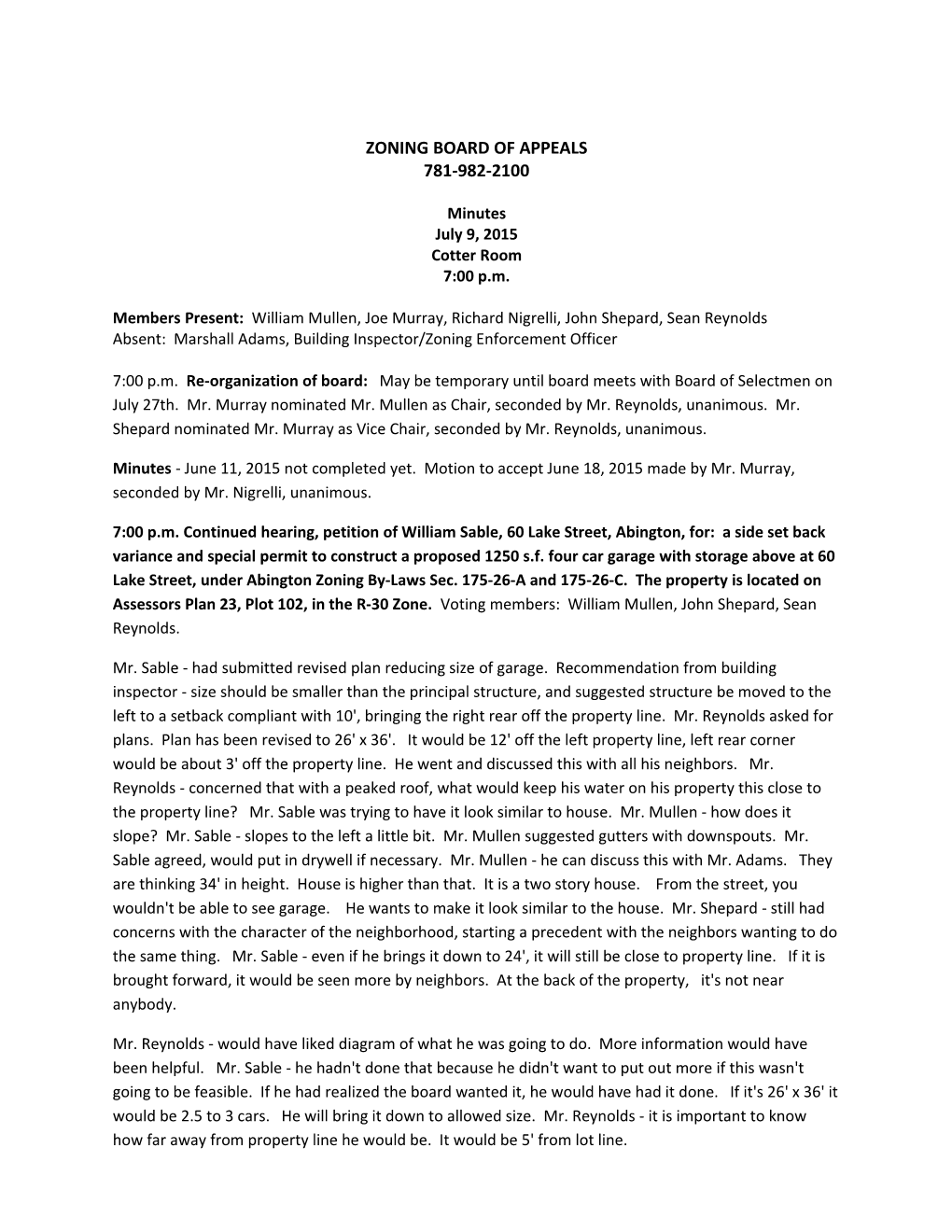 Zoning Board of Appeals Minutes July 13, 2015