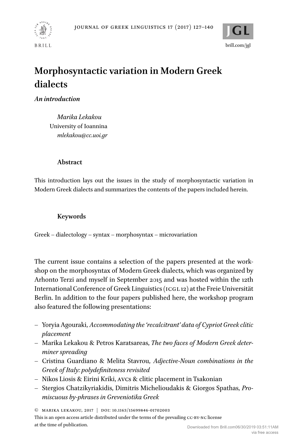 Morphosyntactic Variation in Modern Greek Dialects an Introduction