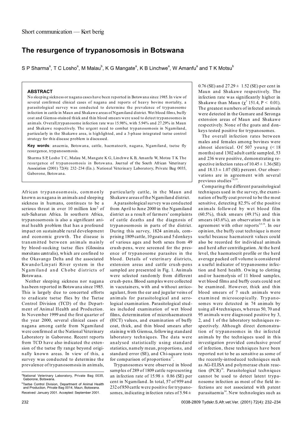 The Resurgence of Trypanosomosis in Botswana