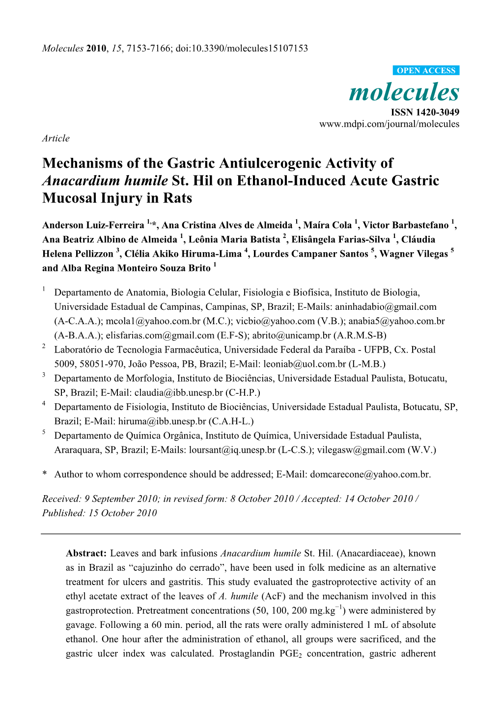 Mechanisms of the Gastric Antiulcerogenic Activity of Anacardium Humile St. Hil on Ethanol-Induced Acute Gastric Mucosal Injury in Rats