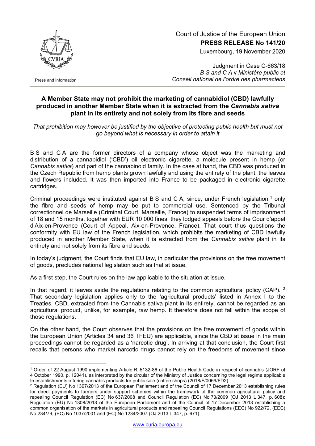 Court of Justice of the European Union PRESS RELEASE No 141/20 Luxembourg, 19 November 2020