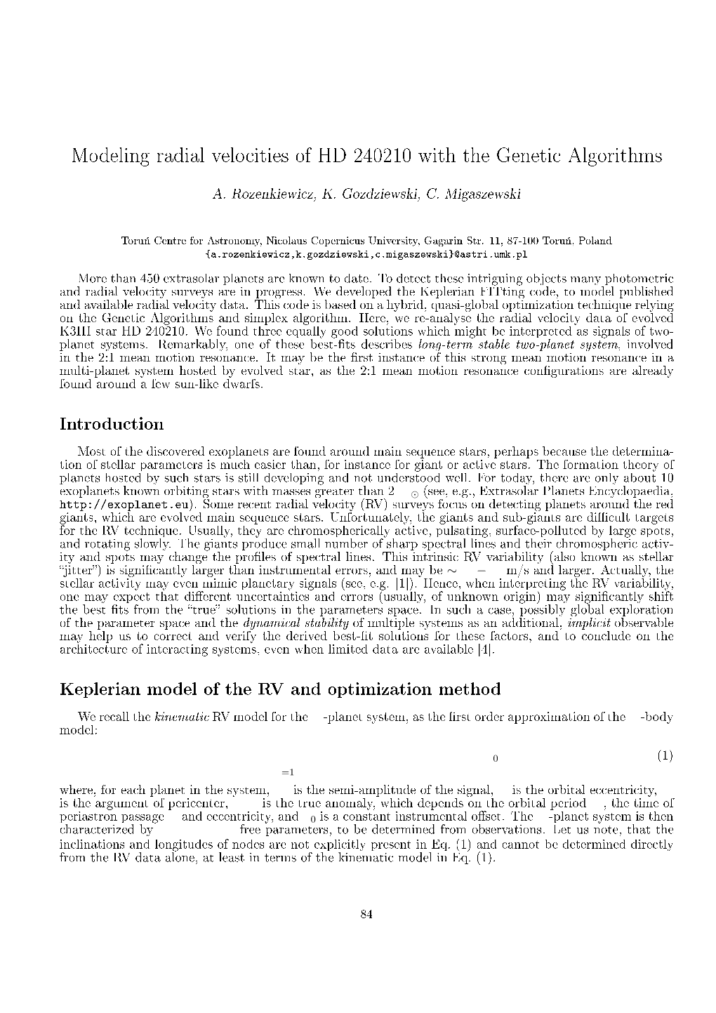 Modeling Radial Velocities of HD 240210 with the Genetic Algorithms