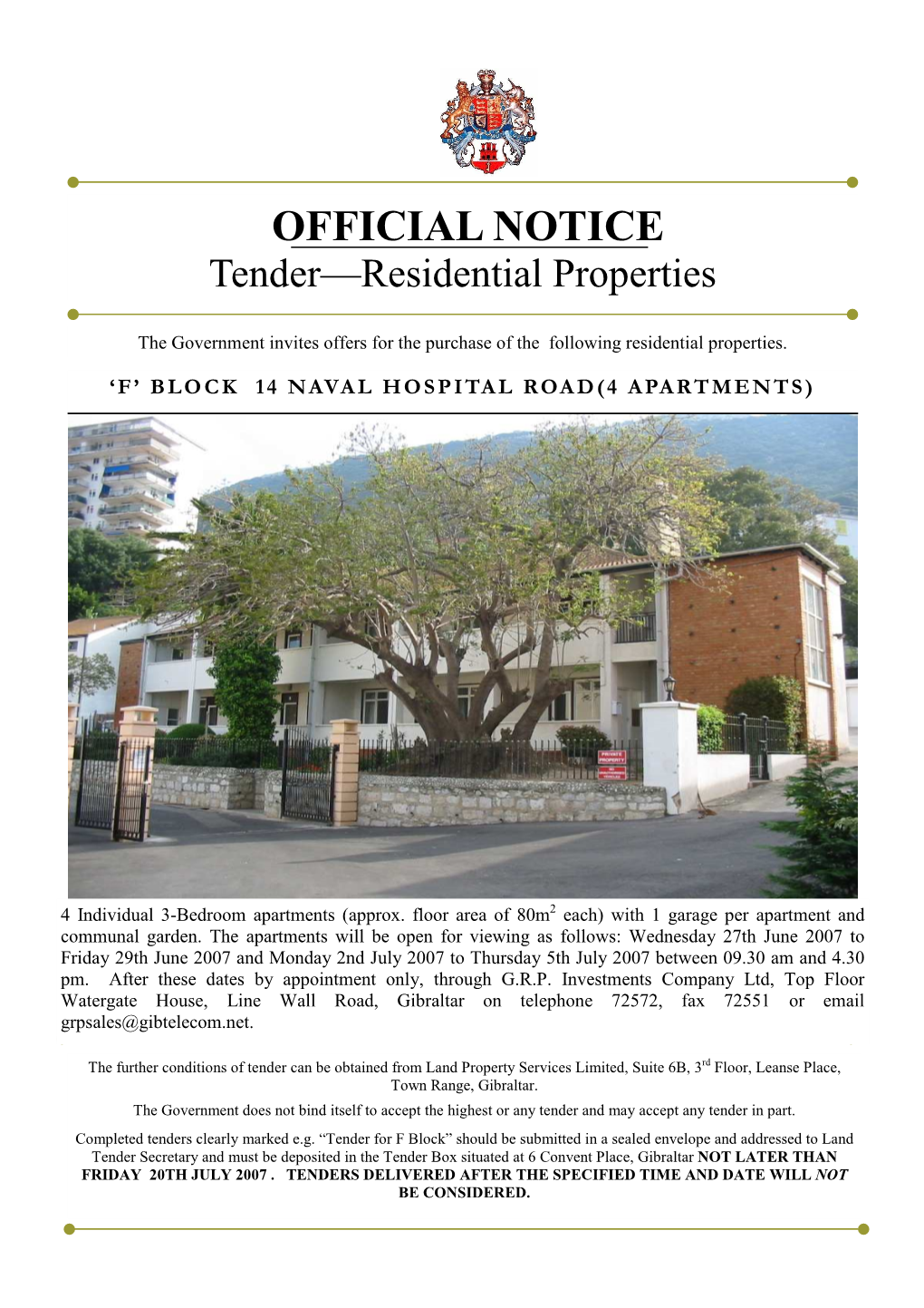 OFFICIAL NOTICE Tender—Residential Properties
