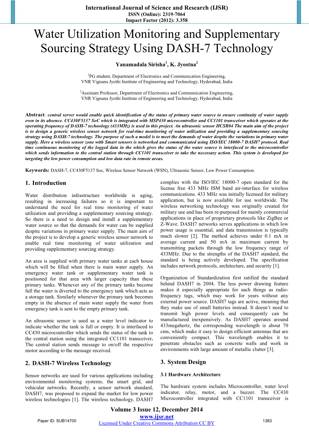 Water Utilization Monitoring and Supplementary Sourcing Strategy Using DASH-7 Technology