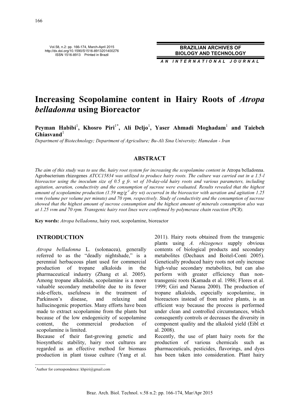 Increasing Scopolamine Content in Hairy Roots of Atropa Belladonna Using Bioreactor